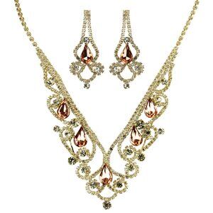 Vintage Style Cubic Zirconia Bling Necklace Earrings Chandelier Set Gold Toned